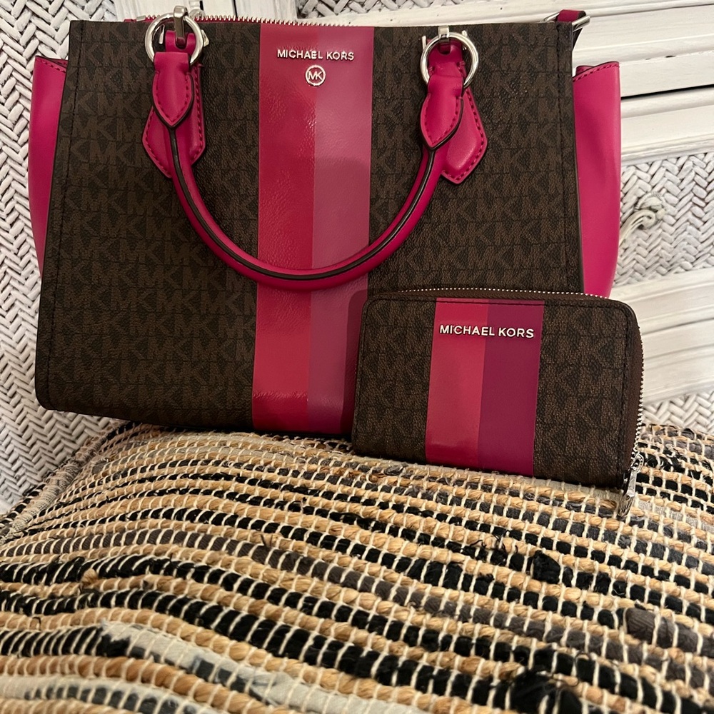 Michael Kors Pink and Brown Satchel with Signature Monogram